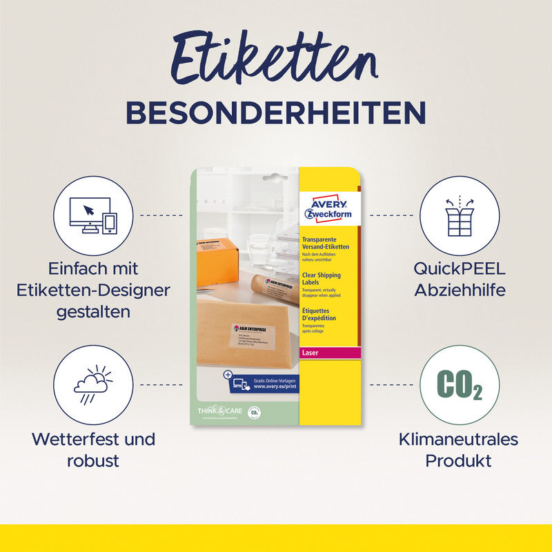 Avery Drucketiketten, 210 mm × 297 mm, transparent, Folie, permanent, 25 Blatt