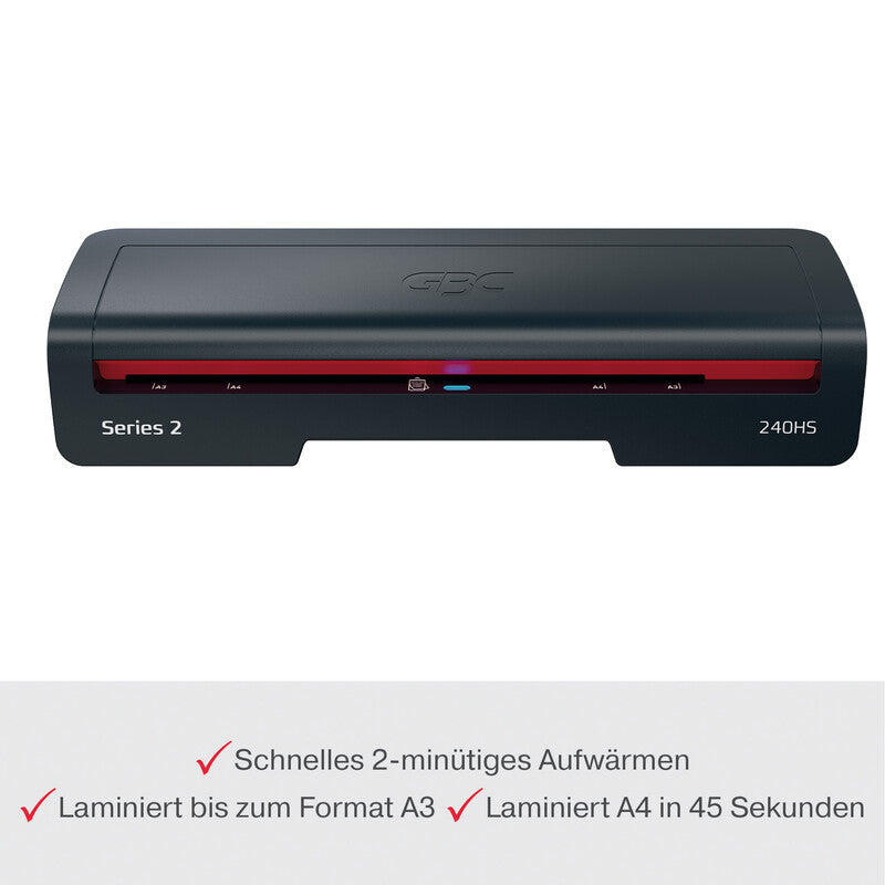 GBC 240HS Laminiergerät A3 – 2-Rollen, 75–125 µm, 2 Min. Aufheizzeit, 500 mm/min, schwarz