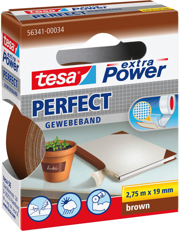 tesa Gewebeband Extra Power Perfect – 19 mm × 2,75 m, braun, stark