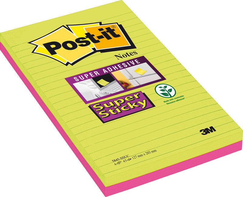 Post-it Super Sticky Haftnotizen – 125×200 mm – sortiert, 2×45 Blatt, liniert, PEFC