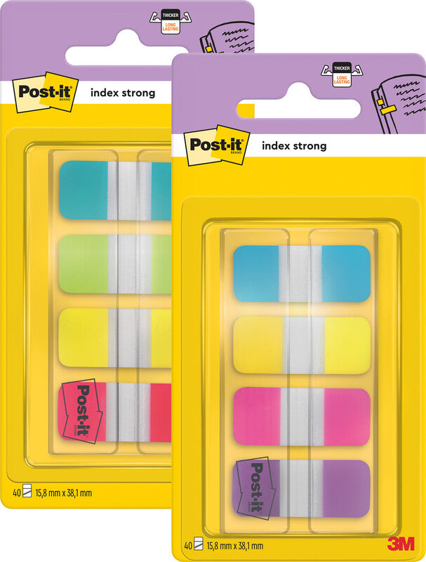 Post-it Indexstreifen Strong schmal – 16×38 mm – sortiert, 4×10 Stück, mit Dispenser