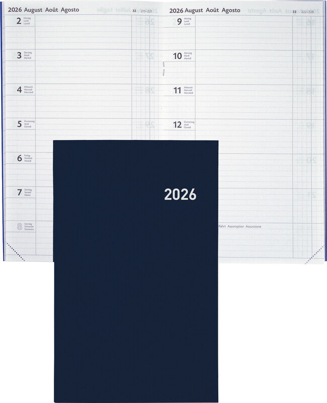 Biella Agenda – 1 Woche/1 Seite, gebunden, 15 × 24 cm, Jan–Dez, 2026, Dunkelblau, PEFC