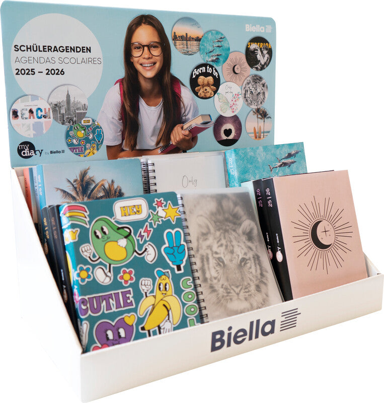 Biella mydiary Schüleragenda – 1 Tag/Seite, gebunden, 12 × 16,5 cm, Aug–Jul, 1-h-Takt, mehrfarbig