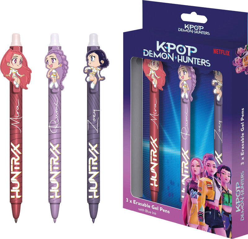 Netflix K-Pop Demon Hunters – Radierbares Tintenroller-Set, Druckmechanik, Blau, für Linkshänder, 3er