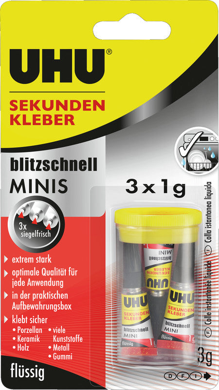 UHU Sekundenkleber – Tube, extra stark, transparent, 3 × 1 g, für Holz, Porzellan, Metall u. a.