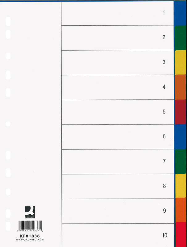 Q-connect Register – A4, 10-teilig, PP, farbig, unbedruckt, mit Indexblatt, 11-fach gelocht
