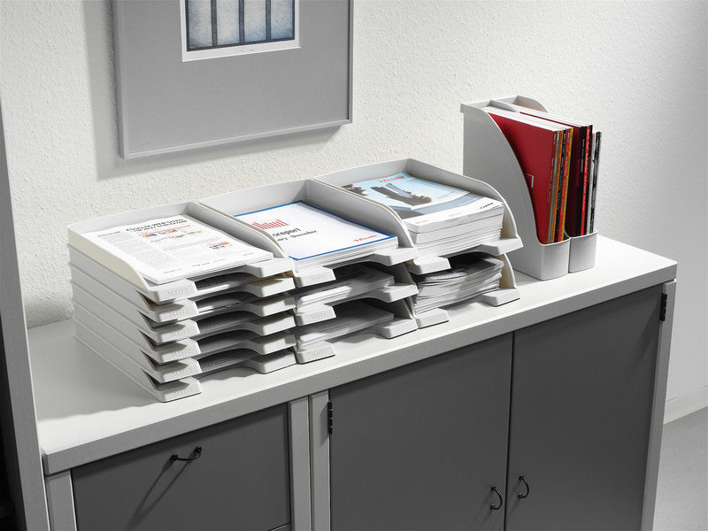 Leitz Stapelbarer Briefkorb mit Griffausschnitt, Beschriftungsfeld, matt, grau, B 255 × H 35 × T 357 mm