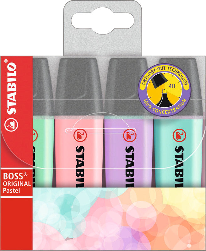 STABILO BOSS Original Textmarker Set 4 Pastellfarben – Keilspitze, 2–5 mm