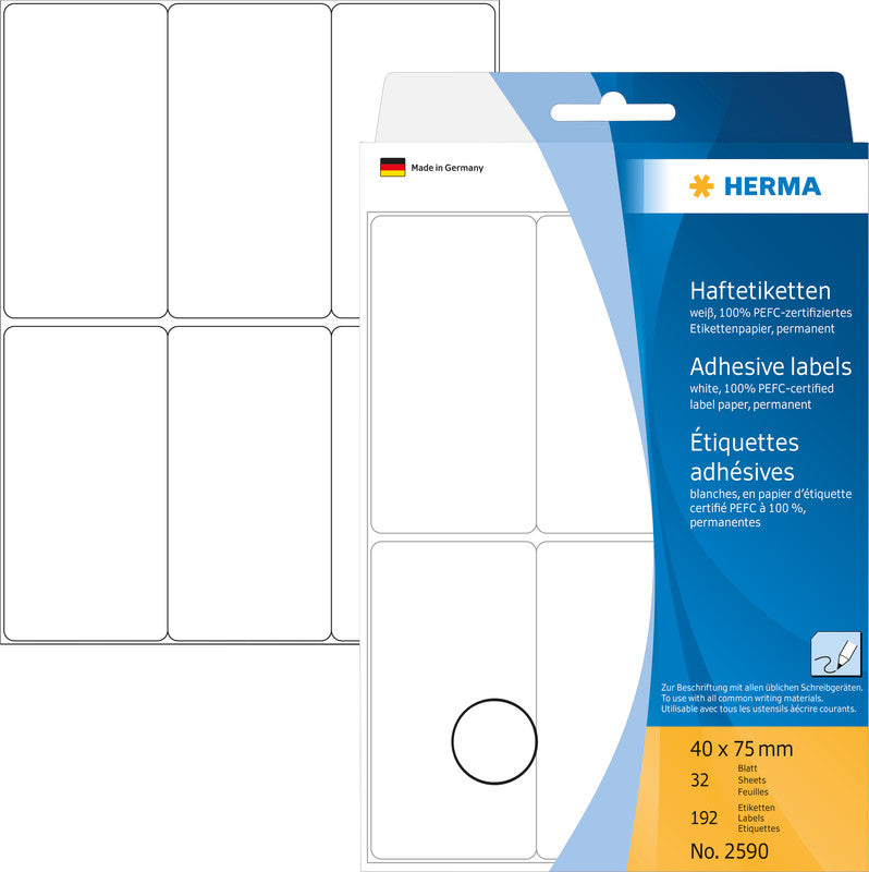 HERMA Schuletiketten – 40×75 mm, Abgerundete Ecken, 192 Stk, 32 Bogen, Papier, Permanent Haftend