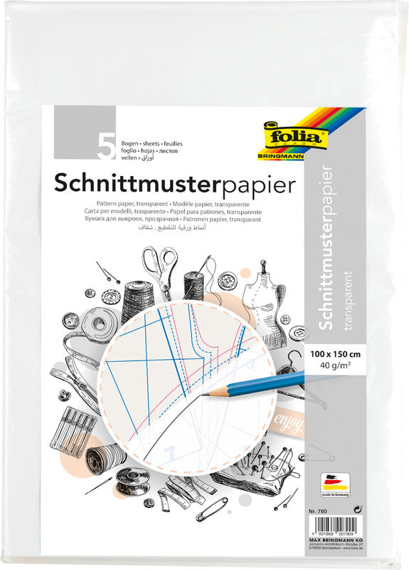 Folia Schnittmusterpapier – 100 × 150 cm, gefalzt, 40 g/m², weiss transparent, 5 Bogen