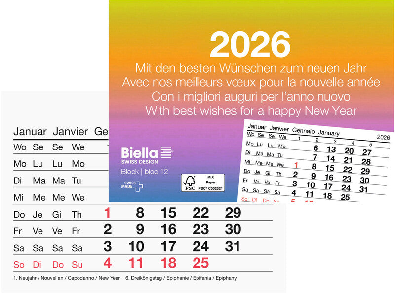 Biella Abreisskalender 1 Monat pro Blatt – viersprachig D/F/I/GB – 2026 – 11 × 7,7 cm