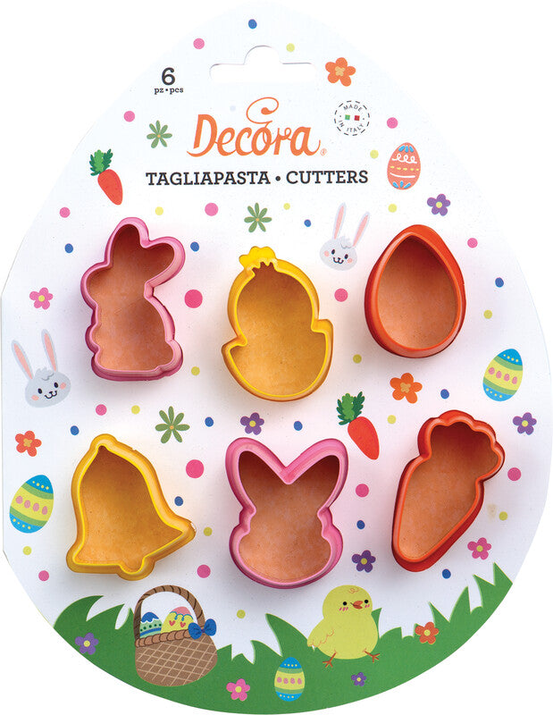 Decora Ausstecher-Set – 6-teilig – Hasenkopf, Glocke, Karotte, Ei, Hase, Küken – Kunststoff – Mehrfarbig