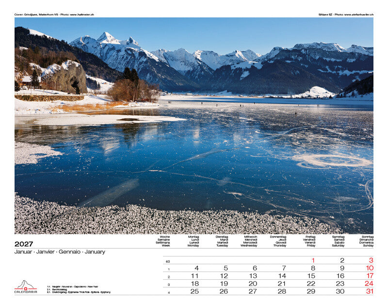 Calendaria Swiss Panorama – Bildkalender Schweiz 2027 – 40 × 31 cm – Kalendarium d/f/i/e