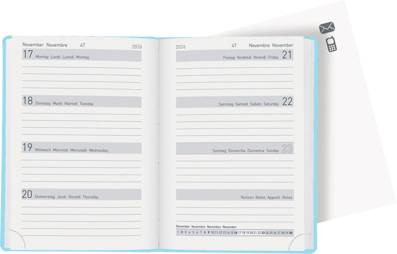 Biella Memento Ladytimer Agenda – 1 Woche/2 Seiten, gebunden, 10,1 × 14,2 cm, 2026, mehrsprachig, Katze, FSC