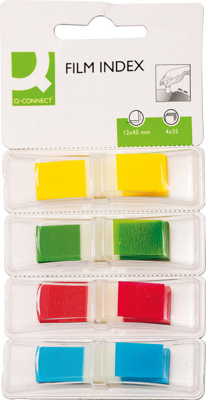 Q-Connect Indexstreifen – 12×43 mm – sortiert – 4×36 Stück, mit Dispenser, recyclingfähig