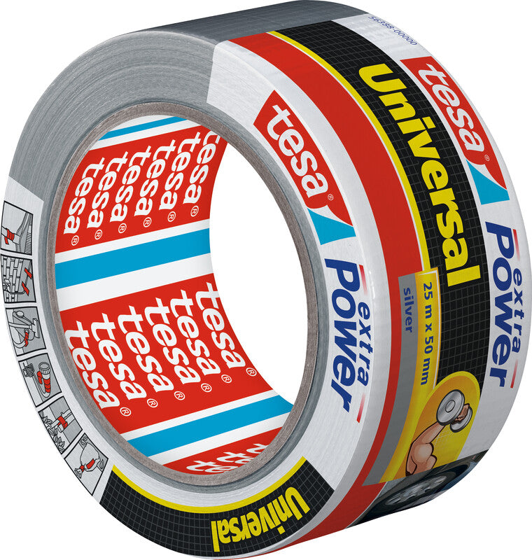 tesa Gewebeband Extra Power Universal – 50 mm × 25 m, silber, extra stark, recycelt