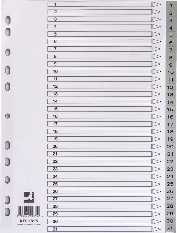 Q-Connect Register – A4, 31-teilig, Kunststoff, grau, vorgedruckt, 11-fach, mit Indexblatt, für A4-Ordner