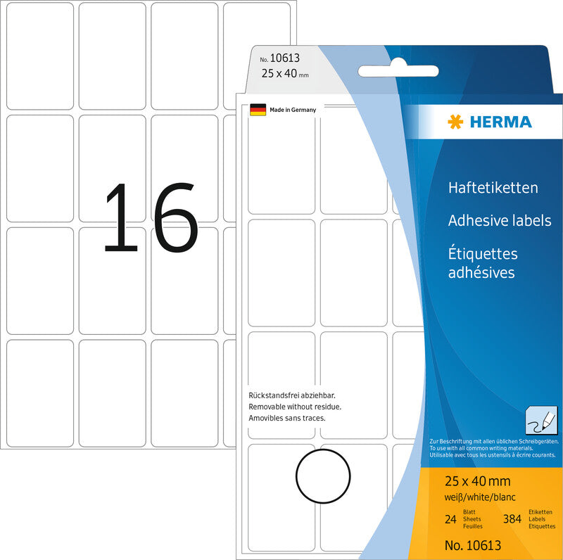 HERMA Schuletiketten – 25 × 40 mm, Abgerundete Ecken, 384 Stk, 24 Bogen, Papier, Ablösbar