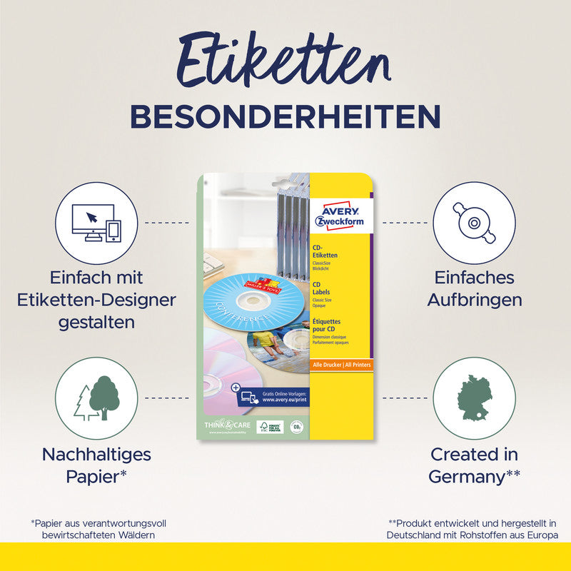 Avery CD-/DVD-Etiketten, Ø 117 mm, weiss, Papier, permanent, 50 Etiketten (25 Blatt)