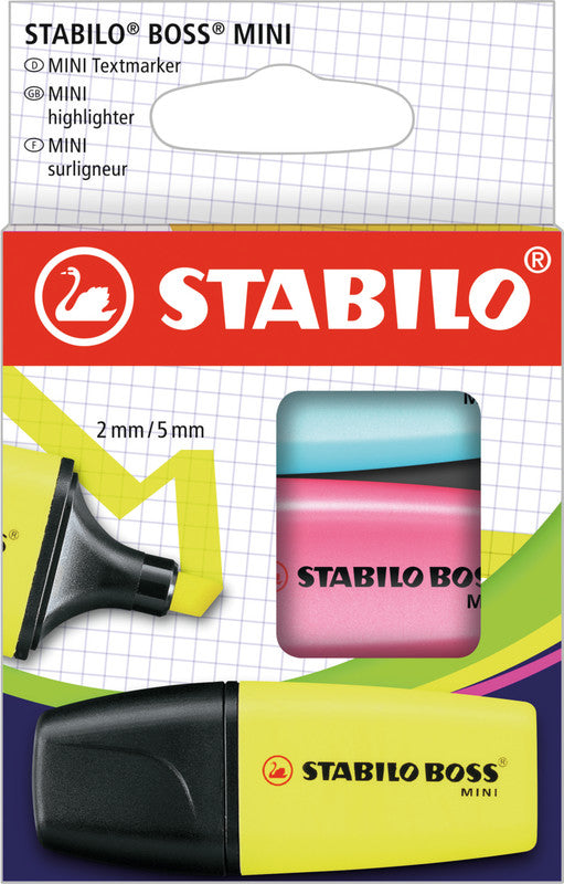STABILO BOSS Textmarker Mini Set 3 Farben – Keilspitze, 2–5 mm