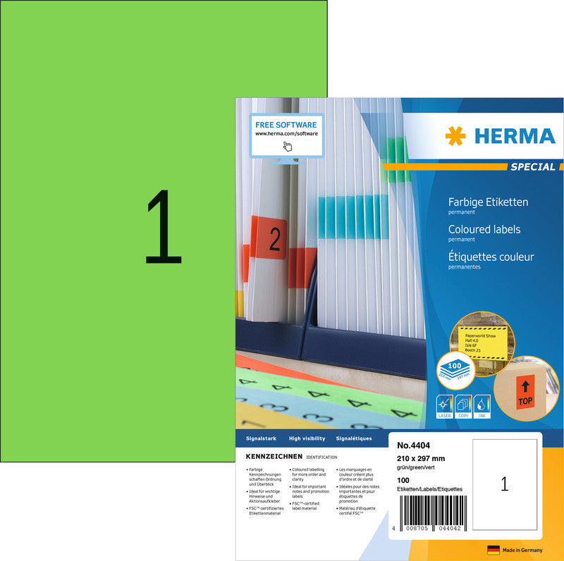 HERMA Druckeretiketten, 210 mm × 297 mm, grün, Papier, permanent, 100 Blatt