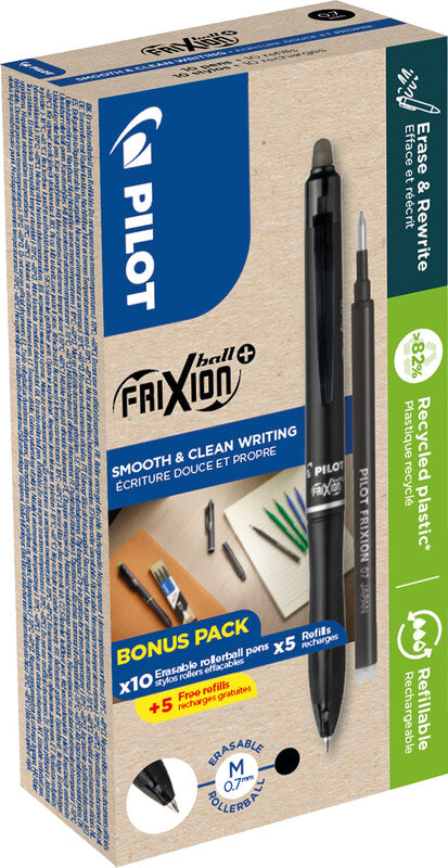 Pilot FriXion Ball+ – Radierbarer Tintenroller mit Kappe, 0,7 mm, Schwarz, 15er Pack