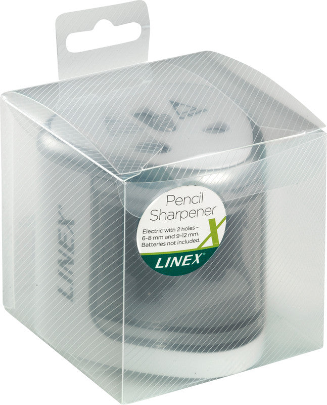 Linex Spitzer – elektrisch, batteriebetrieben, mit Behälter, für Blei- & Buntstifte 6–12 mm, Kunststoff, weiss