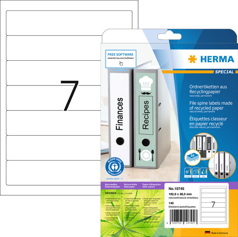 HERMA Druckeretiketten, 192 mm × 38 mm, naturweiss, Altpapier, permanent, Packung 20 Blätter (140 Etiketten)