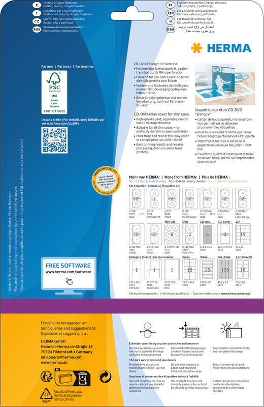 HERMA Druckkarten A4 (151 × 118 mm), 170 g/m², weiss, Karton – für Inkjet, Laser, Kopierer – 25 Karten