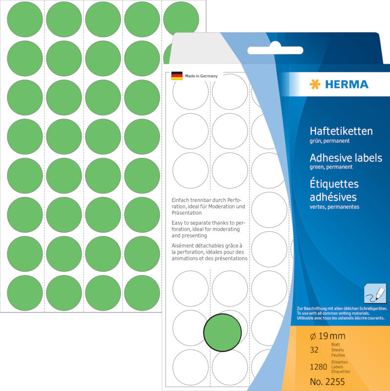 HERMA Haftetiketten – rund Ø 19 mm, permanent, grün, perforiert, 32 Blatt (1'280 Stk.)