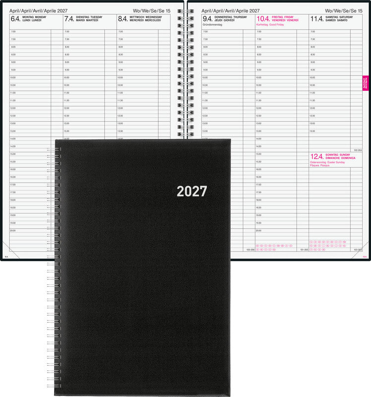 Biella Quarta Agenda – 1 Woche/2 Seiten, gebunden, A4, 2027, mehrsprachig, schwarz