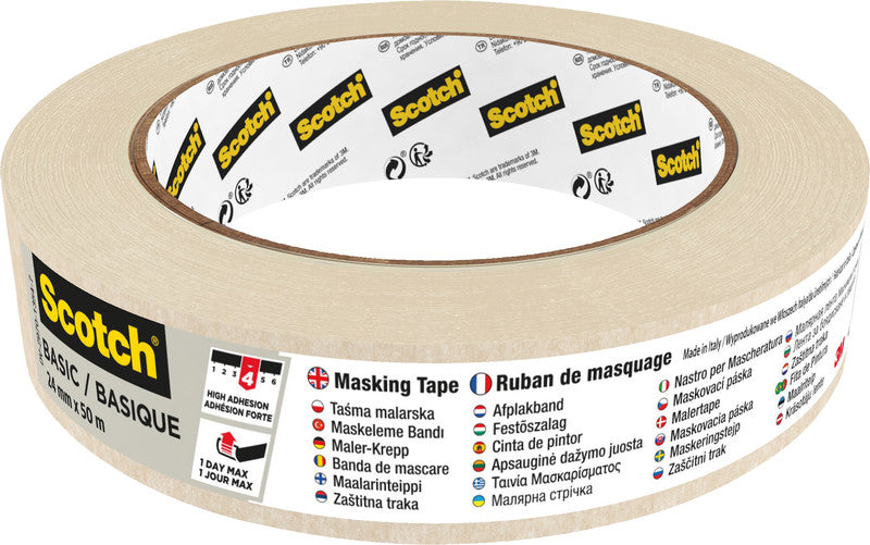 3M Krepp-Abdeckband – 24 mm × 50 m, beige, für raue Oberflächen, rückstandsfrei bis 1 Tag