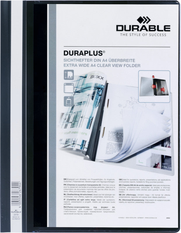 Durable Schnellhefter – A4, Kunststoff, schwarz, Sichttasche, Beschriftungsstreifen
