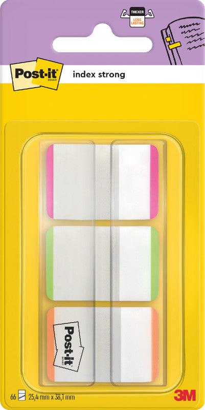 Post-it Indexstreifen Strong – 25,4×38 mm – sortiert (pink, grün, orange), 3×22 Stück, mit Dispenser