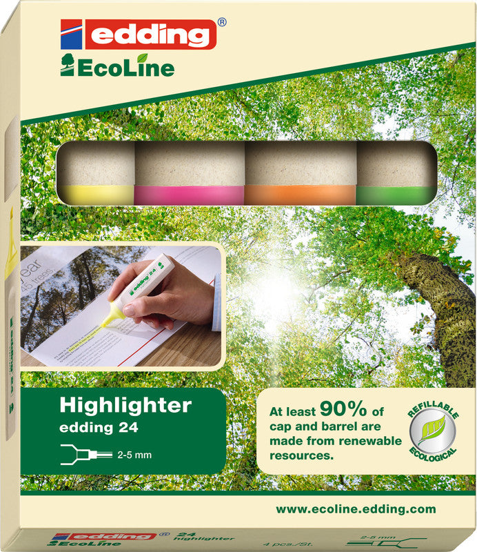 Edding 24 EcoLine Textmarker Set 4 Farben – Keilspitze, 2–5 mm, nachfüllbar, Blauer Engel