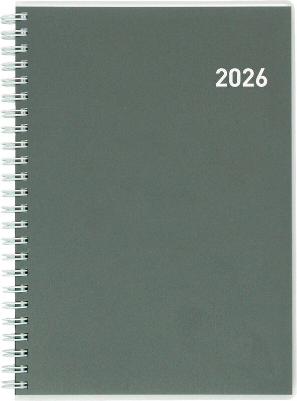 Biella Terminia Agenda – 1 Woche/2 Seiten, Wire-O, 14,5 × 20,5 cm, 2026, mehrsprachig, grau, FSC