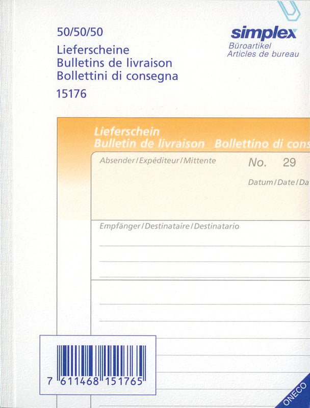 Simplex Formularblock – Lieferscheine, Deutsch, Französisch, Italienisch, 50 Blatt, A6