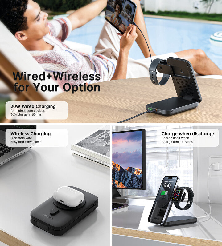 Choetech Powerbank 10000 mAh, 1× USB-C, 1× Lightning, kabelloses Laden, schwarz