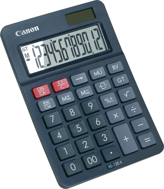 Canon Tischrechner AS-120 II – 12-stellig, LCD, Prozent/Korrektur, Solar + Batterie, Schwarz, 100×144×29 mm