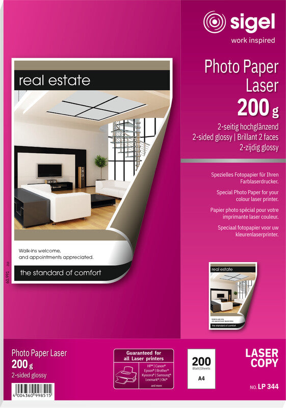 Sigel Fotopapier – hochglänzend, A4, 200 g/m², 200 Blatt, beidseitig – für Laserdrucker und Kopierer