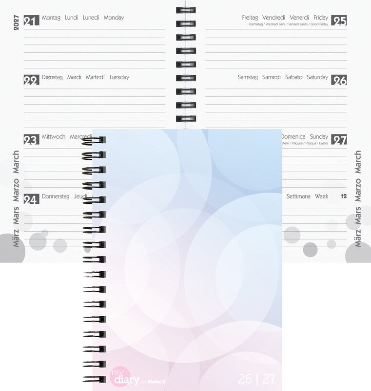 Biella mydiary Schüleragenda – 1 Woche/2 Seiten, Wire-O, 12 × 16,5 cm, Aug–Jul, mehrsprachig, Pastell, FSC