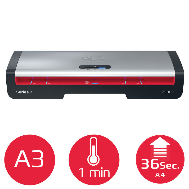 GBC 250HS Laminiergerät A3 – 2-Rollen, 75–125 µm, Aufheizzeit 1 Min., 500 mm/min, Silber