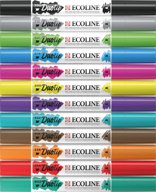 Ecoline Brush Pen Duotip – Keilspitze 6 mm, Rundspitze 1-2 mm – sortiert – 12er-Set – wasservermalbar