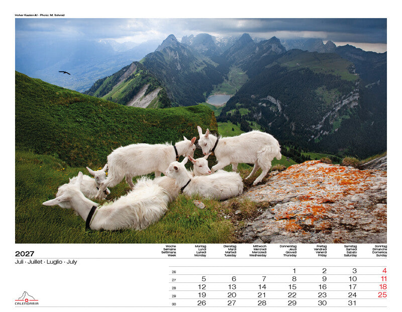 Calendaria Swiss Panorama – Bildkalender Schweiz 2027 – 40 × 31 cm – Kalendarium d/f/i/e
