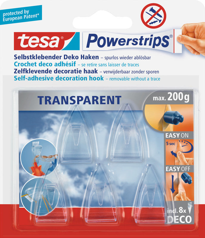 TESA Klebehaken – Kunststoff, Transparent, 1,9 × 3,4 × 1,4 cm – 5er-Pack