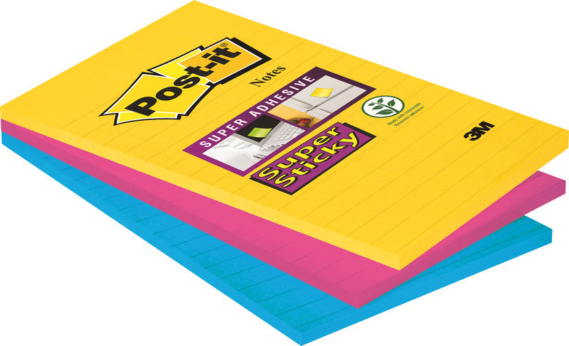 Post-it Super Sticky Haftnotizen – 101×152 mm – sortiert (ultragelb, ultrablau, ultrapink), 3×90 Blatt, PEFC