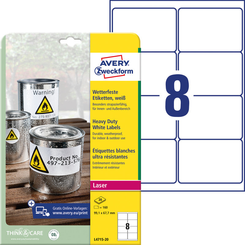 Avery Drucketiketten, 99 mm × 68 mm, weiss, Folie, extra stark, 160 Etiketten (20 Blätter)