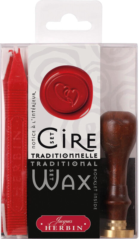Herbin Siegelwachs-Set – Motiv Herz – Siegel Ø 2,4 cm – 2 Wachsstangen, 1 Holzgriff