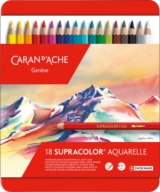 Caran d-Ache Caran d'Ache Aquarellfarbstifte Supracolor Soft – 18 Farben, im Metalletui, Ø 3,8 mm, FSC