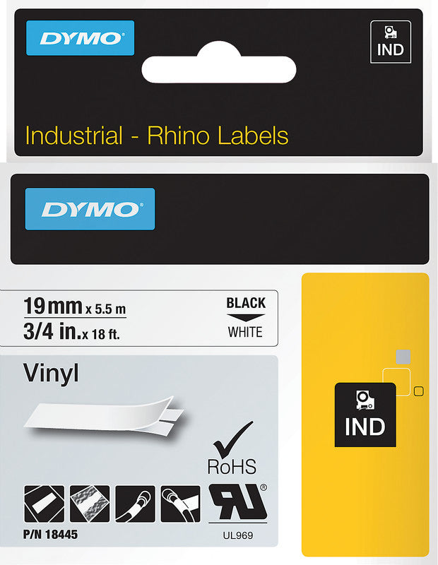 DYMO Schriftband – 19 mm × 5,5 m, weiss, schwarz, Rhino IND – für DYMO Rhino: 3000, 4200, 5000 und weitere